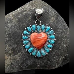 Navajo Native American Sterling Silver Red Spiny Oyster Turquoise Heart Pendant